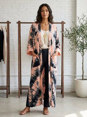 Fauna Couture Women's OS Tie Dye Kimono Sleeve Open Front Long Line Duster